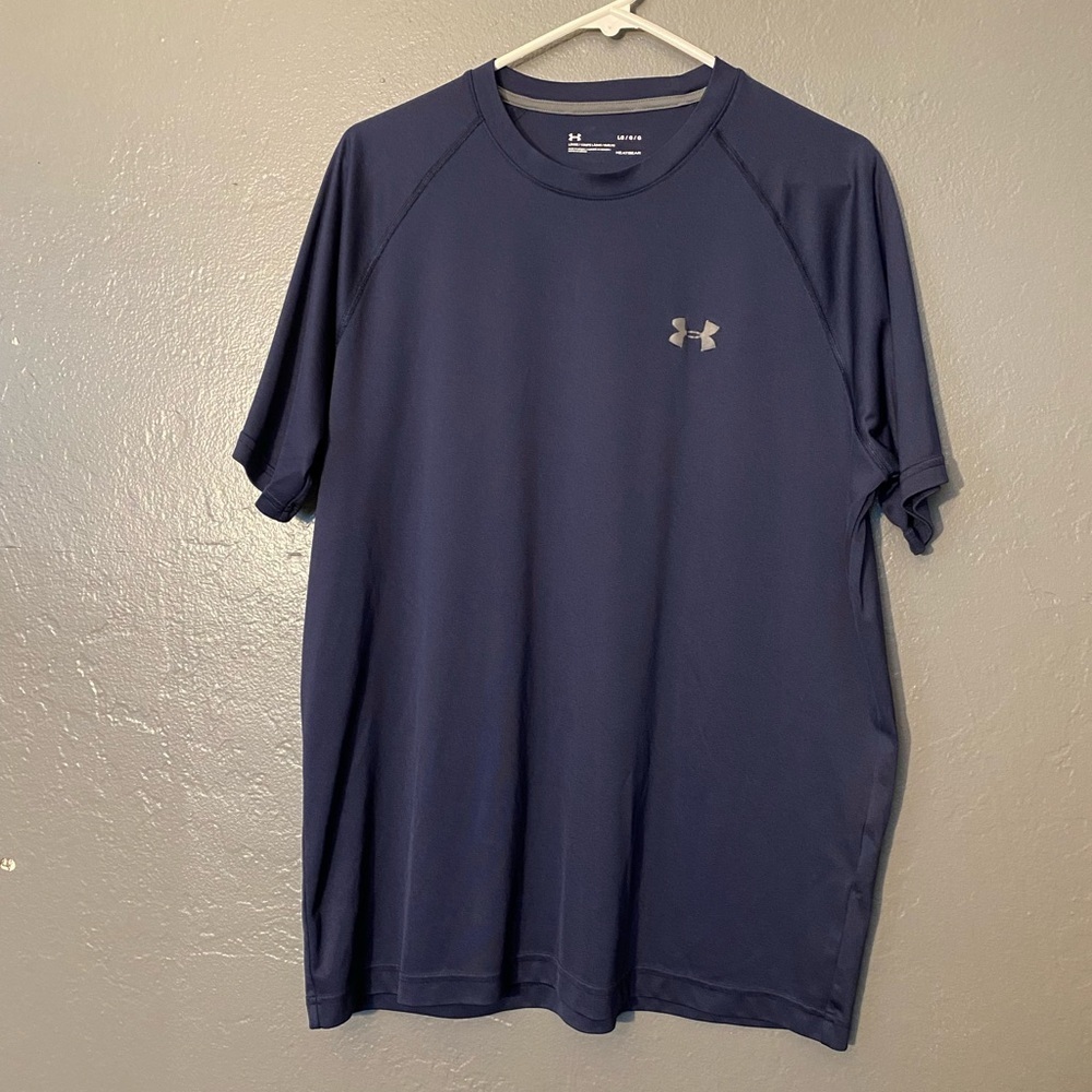 Under Armour‎ AU Dark Blue Heatgear Short Sleeve Sport Jersey T Shirt Size large